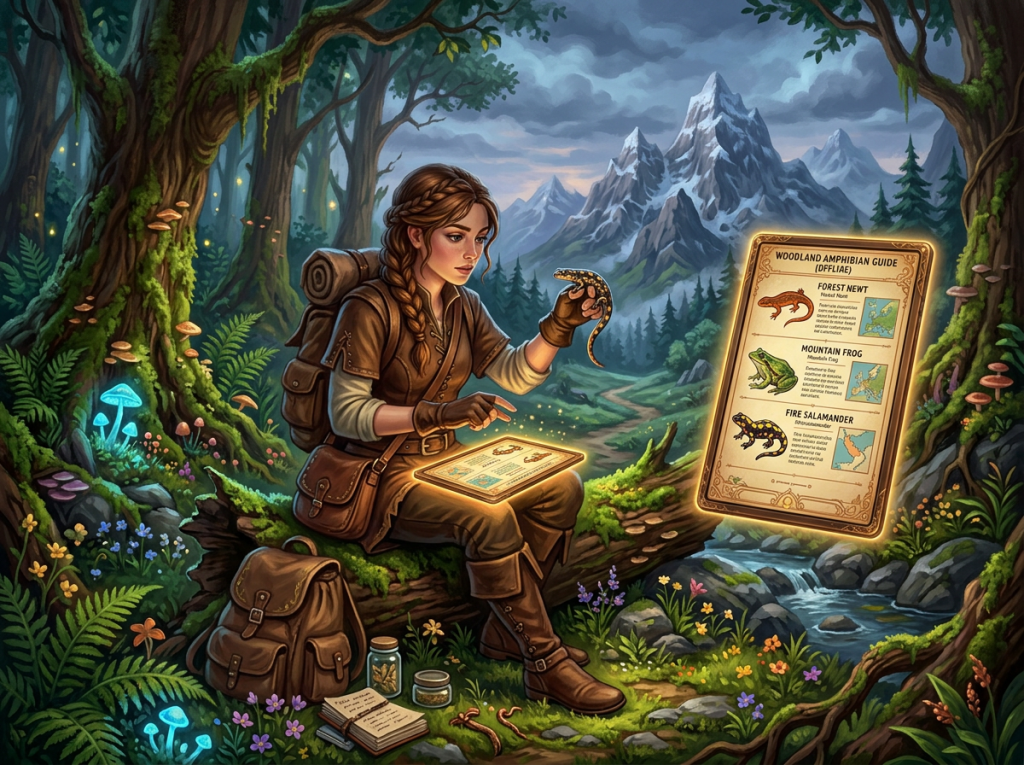 Explorer in forest holding newt with glowing amphibian guide and digital tablet Wildlife Hub